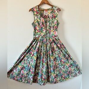 ANN YOUNG | Vintage Delicate Garden Floral Cotton Lace-Up Midi Dress - Size 10